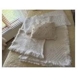 Beige throw blankets (2), afghan, pillow