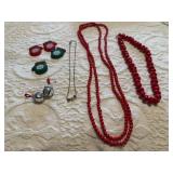 Red beaded, holiday necklaces, mitten button