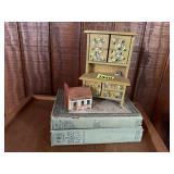 Vintage books, miniature house, hutch