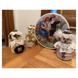 Handmade sewing notion snowmen, tin