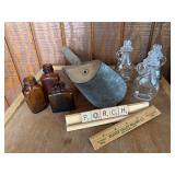 Amber bottles, scoop, bottles, ruler, P-O-R-C-H