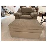 Beige leather overstuffed arm chair, ottoman