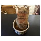 Roseville blue band crock, peanut burlap bag