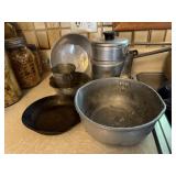 Double boiler, pans, skillet, cup, strainer