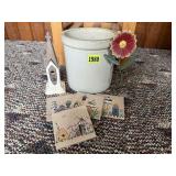 Stoneware crock, coasters, church, metal flower