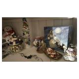 Shelf of holiday decorations, ornaments, lights,