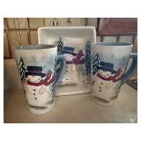 Snowman plate, tall cocoa mugs (2)