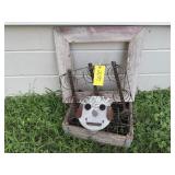 Barn wood frame, beverage crate, bed springs,