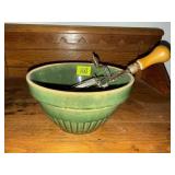Green stoneware bowl, egg beater