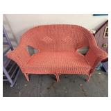 Painted wicker loveseat, cushions