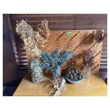 Floral etching board, stoneware bowl, bottles of