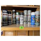 Shelf of consumables, spray paint, paint thinner
