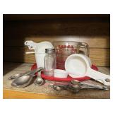 Pyrex glass measuring cup, measuring spoons,
