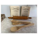 Family cookbooks, wooden spoons, rolling pin