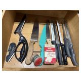 Assorted cutlery, knife sharpeners, kitchen