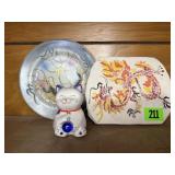 Asian decor, cat bank, dragon plate, clay art