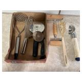 Kitchen utensils, pastry roller, pizza cutters,