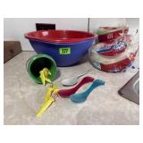Plastic chip bowls, paper plates, bowls, corn