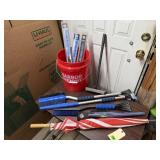 Bucket, windsheild scrapers, wipers, umbrella,
