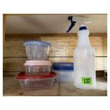 Plastic storage containers, spray bottle
