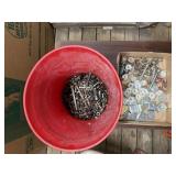 Bucket of hardware, nuts, bolts, drill bits