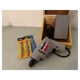 Skil 1/4" drill, drill bits, wooden storage box