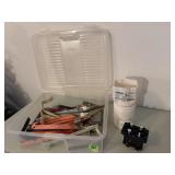 Storage tote, stakes, brackets