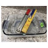 Glass baking dish, vintage candy thermometer