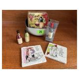 Wine coasters, shakers, corkscrew