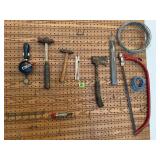 Hand tools, drill, hatchet, saw, hammer, wire