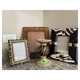 Beaded, assorted picture frames, candlestick