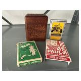 Assorted playing cards, wood carved card box