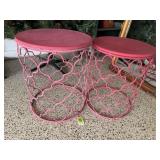 Round red metal side tables (2)