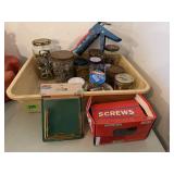 Assorted hardware, pulleys, screws, caulk gun