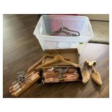 Storage tote, clothing hangers, shoe stretchers