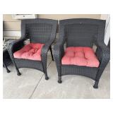 Black wicker patio chairs (2), cushions