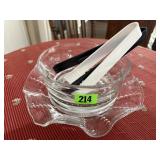 Ruffled glass plate, serving bowl, tongs
