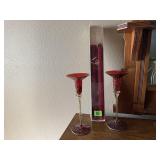 Ruby red taper candlesticks (2), candles