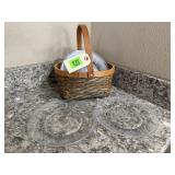 Basket, depression glass plates (8)