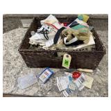 Basket, fabric yardage, sewing notions