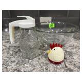 Syrup dispenser, chicken timer, Pyrex mixing bowl,