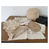 Tote of embroidery, crocheted doilies, pillow,