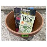 Plastic flower pot, gardening books