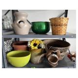 Shelf of flower pots, hand painted trowel,