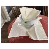 Gold rimmed serving bowl, snowflake cloth napkins