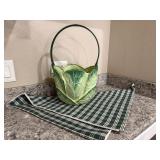 Paper mache cabbage basket, green plaid table