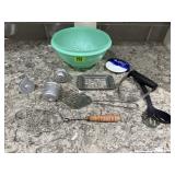 Vintage colander, kitchen utensils, slicers