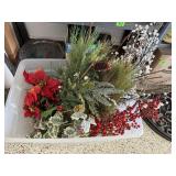 Storage tote, holiday florals, greenery