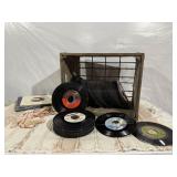 Dairy crate of record albums, jukebox music labels