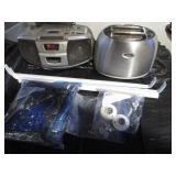 radio, toaster, shower rod